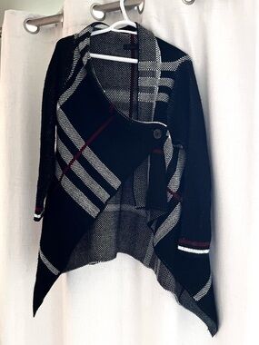 Black Plaid Open-Front Women's Sweater Cardigan plaid one size